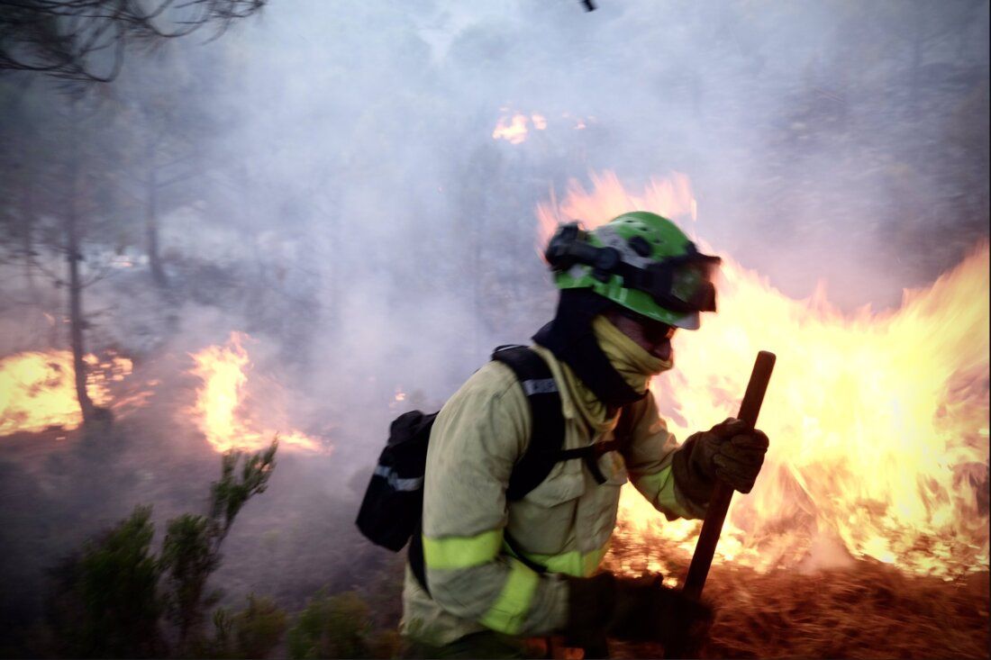 Bombero de Infoca trabajando en la zona de Jubrique, Málaga.  Foto: Pedro Armestre.