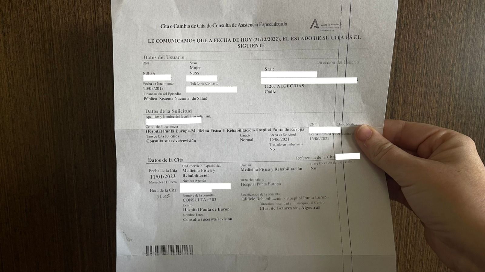 Carta del SAS que llegó dos días después de la cita con el especialista.