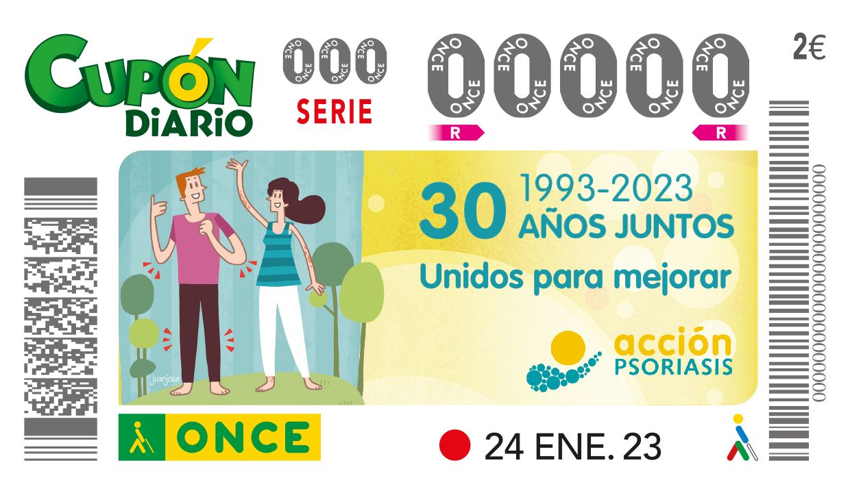 Cupón de la ONCE dedicado al 30 aniversario  de Acción Psoriasis.