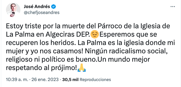 El mensaje de José Andrés ante el ataque y asesinato del sacristán de la Iglesia de La Palma. 