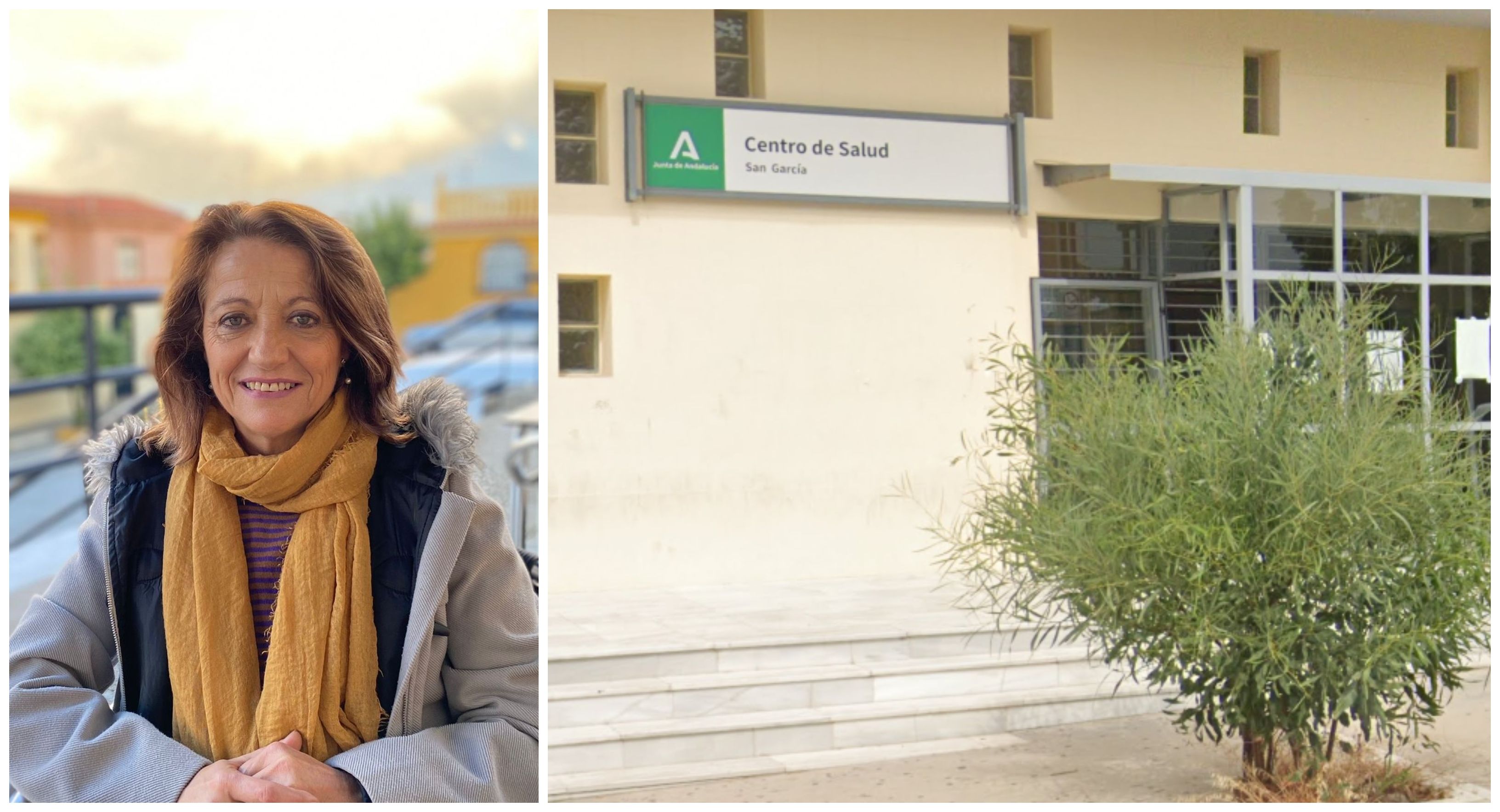 La enfermera del Área de Gestión Sanitaria Campo de Gibraltar Oeste, Pilar Vallés, y el consultorio de San García en el Centro de Salud Algeciras Sur.