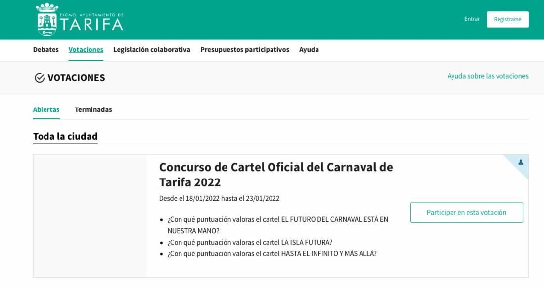 Web donde se puede votar por el cartel de Carnaval de Tarifa 2022.