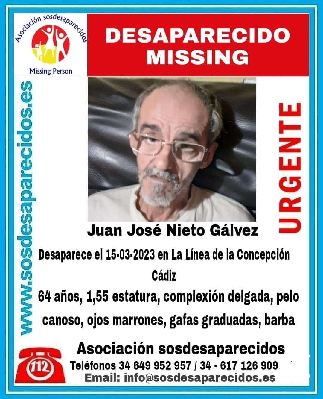 El Ayuntamiento pide colaboración para encontrar a Juan José Nieto, desaparecido desde el pasado 15 de marzo.