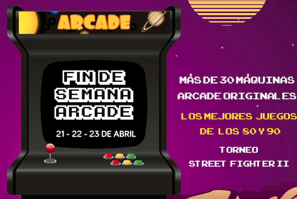 Cartel promocional. Más de 30 máquinas Arcade llegan a Tarifa el fin de semana del 21 al 23 de abril