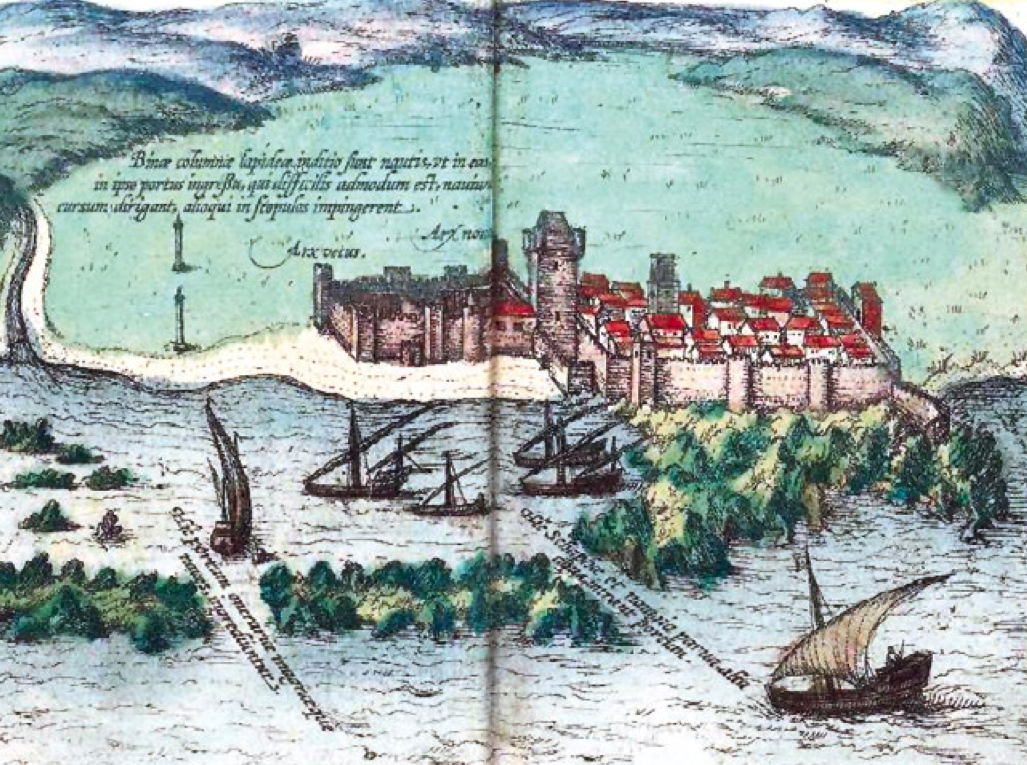 Lámina 2. Vista de Arcila. Civitatis Orbis Terrarum (ed. Georg Braun, Amberes, 1577). Estos grabados aparecen ya en el primer volumen editado en Colonia en 1572. Imágenes procedentes de la Biblioteca Digital Hispánica, Biblioteca Nacional de Madrid.