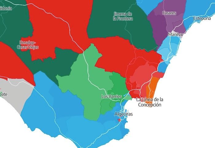 Mapa del Campo de Gibraltar con los colores del voto.