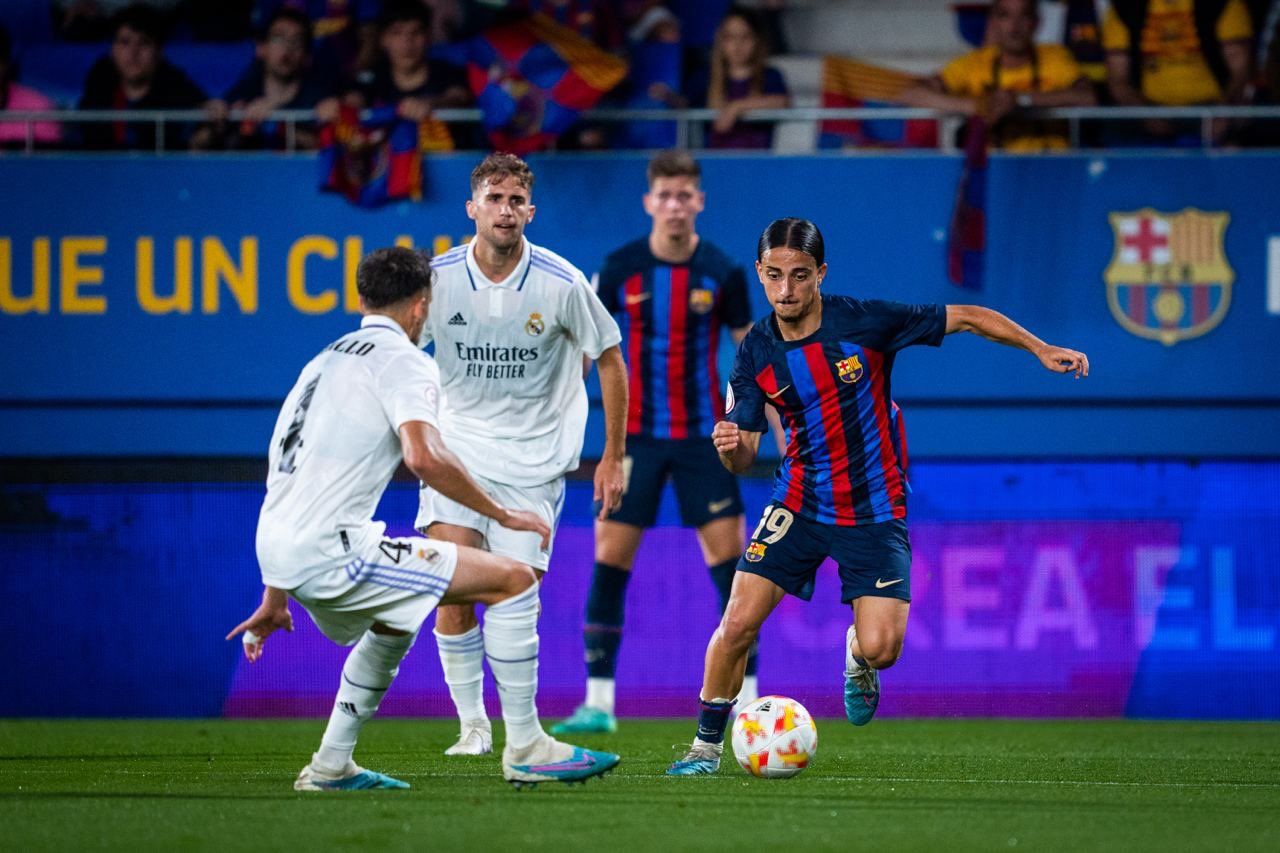 Un momento del partido entre el Barcelona Atlètic y el Real Madrid Castilla