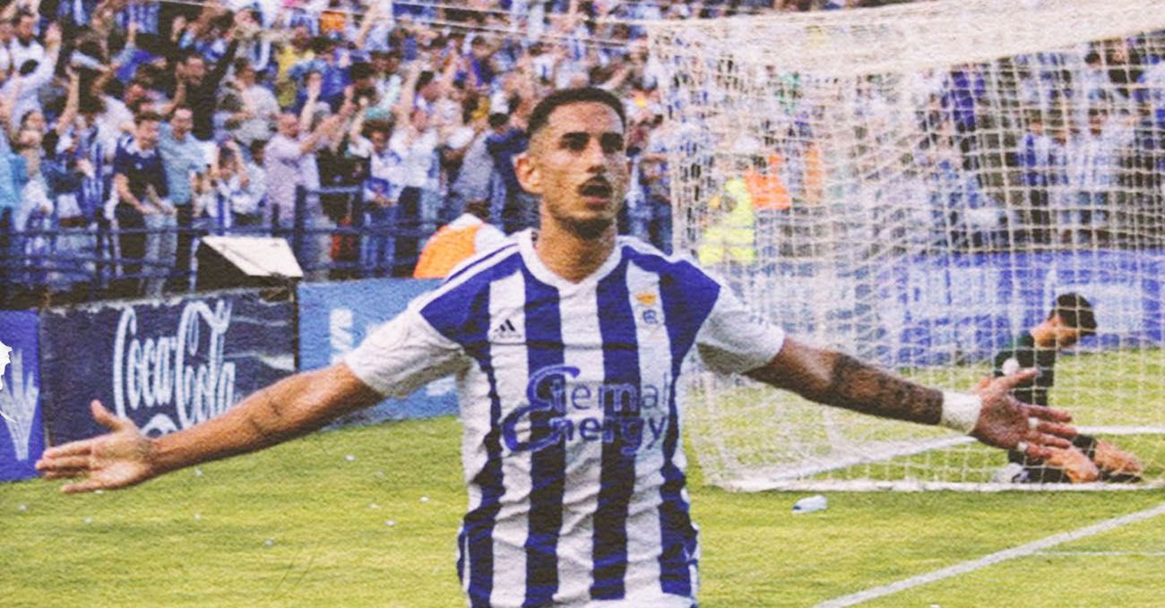 El ex balono Dopi festeja el gol que ha permitido al Recreativo de Huelva el ascenso a la Primera RFEF