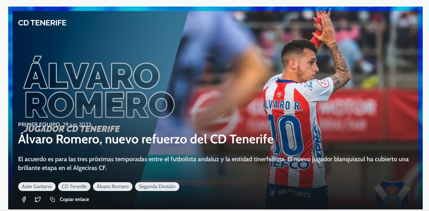 El CD Tenerife hace oficial la llegada del ex jugador del Algeciras CF, Álvaro Romero