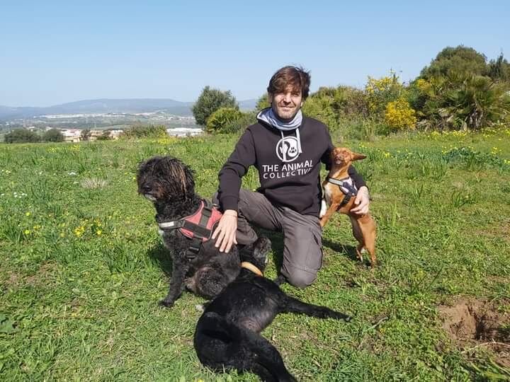Javi Martínez, voluntario en The Animal Collective, junto a sus perros adoptados, Mendo, Molly y Lola.