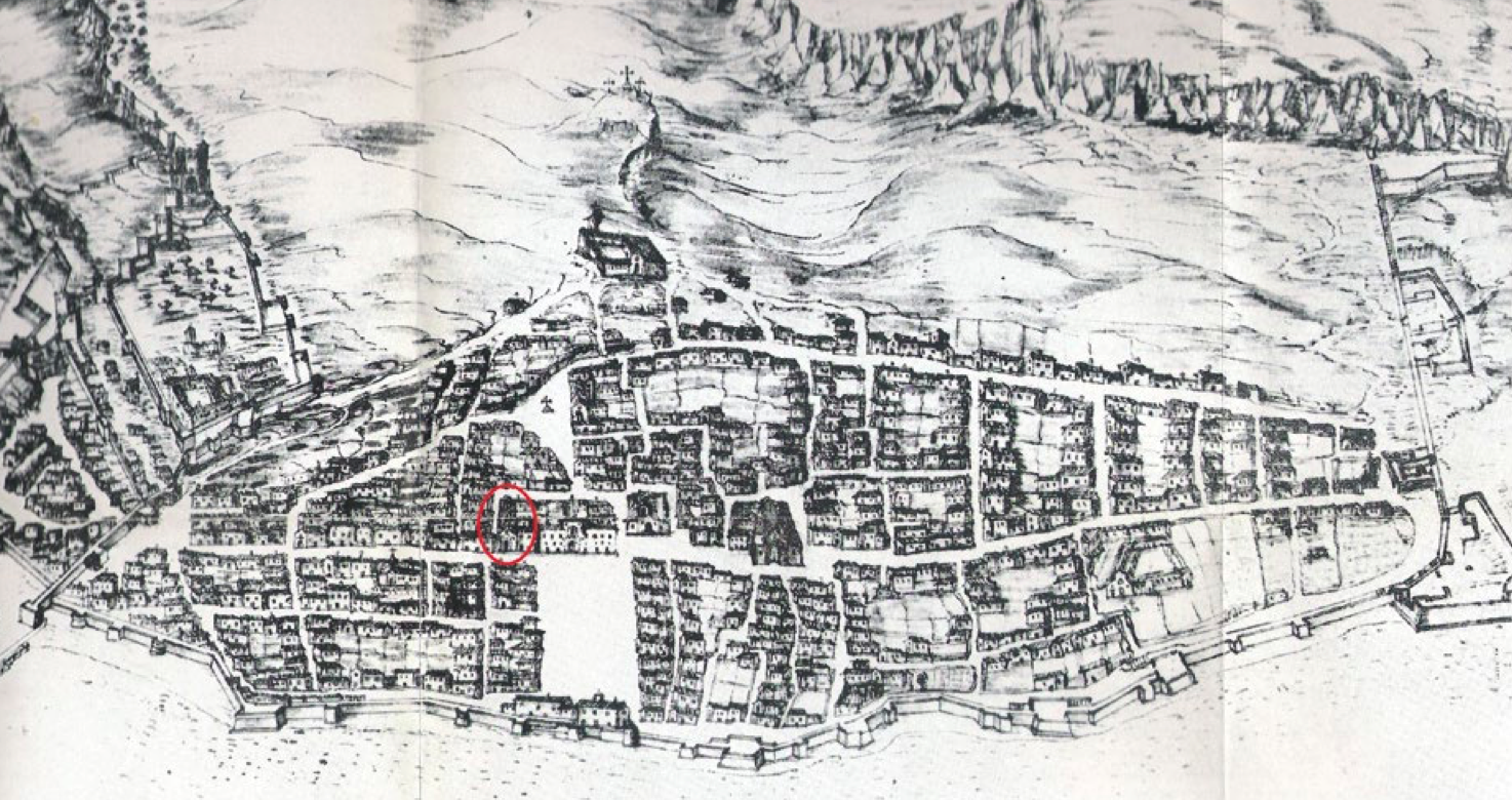 Lamina 1. Situación de la ermita de la Vera Cruz en el plano de Bravo de Acuña (1627, British Museum Mss. Add. 15. 152, reproducido por Calderón Quijano, 1968). Foto: IECG.