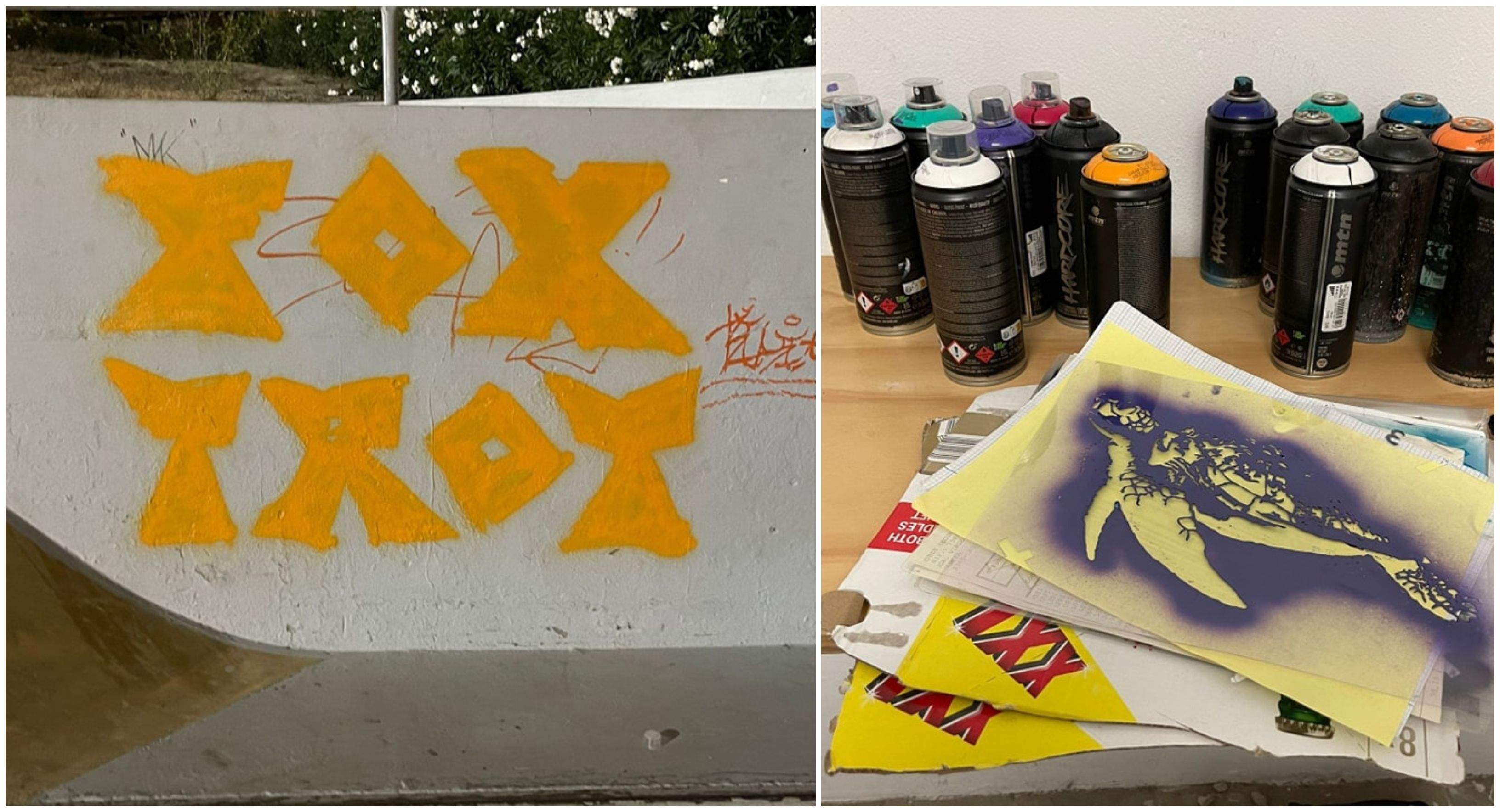 Una de las pintadas que han realizado los menores y el material interceptado por la Policía Local de Tarifa. 