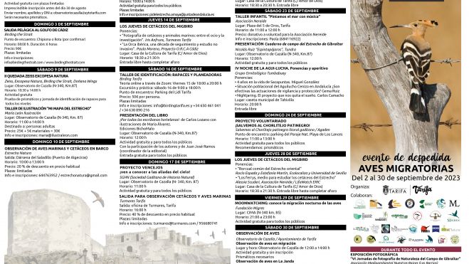 Programación de la séptima edición del evento 'Despedida de aves migratorias' (MIGBIRD Tarifa). Programación de la séptima edición del evento 'Despedida de aves migratorias' (MIGBIRD Tarifa).