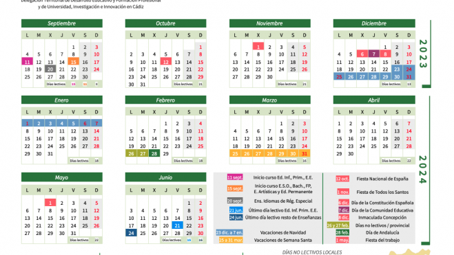 Calendario Escolar de la provincia de Cádiz para el curso 2023/2024. Calendario Escolar de la provincia de Cádiz para el curso 2023/2024.
