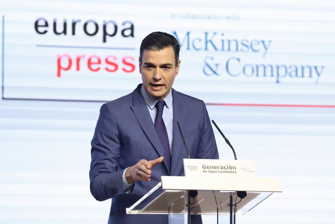 El presidente del Gobierno, Pedro Sánchez; interviene en el encuentro del foro 'Generación de Oportunidades', a 28 de marzo de 2022, en Madrid (España). 'Generación de Oportunidades' es la plataforma creada por Europa Press en colaboración con McKinsey. - Alberto Ortega - Europa Press