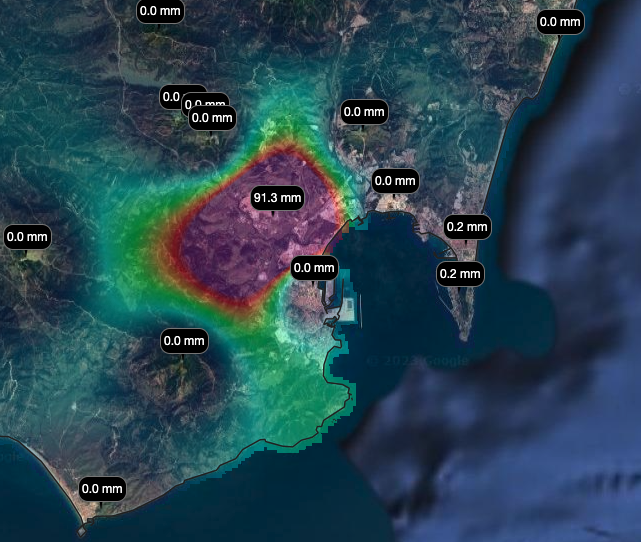 Imagen del pico de lluvia acumulado en Los Barrios. Fuente: Meteo CdG.