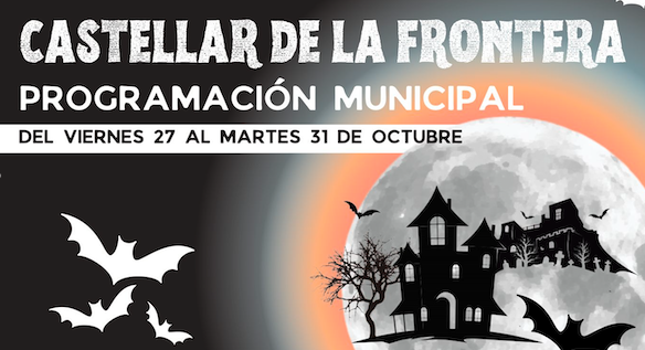 Cartel con la programación municipal de Castellar para Halloween 2023. Castellar celebra Halloween con una fiesta infantil y La Casa Maldita