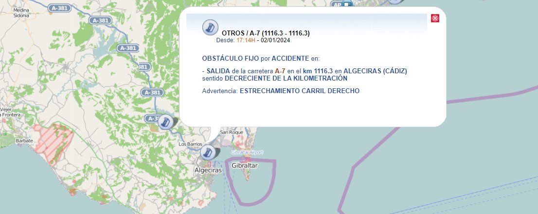 Un accidente a la entrada de Algeciras provoca retenciones de más de 4 kilómetros. Foto: DGT.