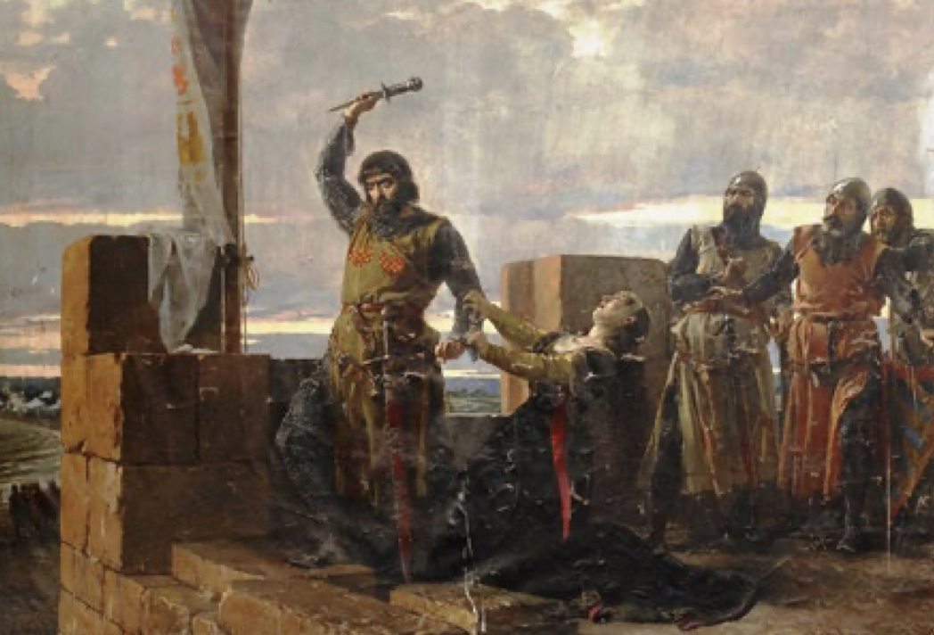 Lámina 3. Guzmán el Bueno arrojando su daga en el cerco de Tarifa. Reproducción de la obra del pintor Salvador Martínez Cubells (1845-1914), que se encuentra en la Universidad de Zaragoza. 