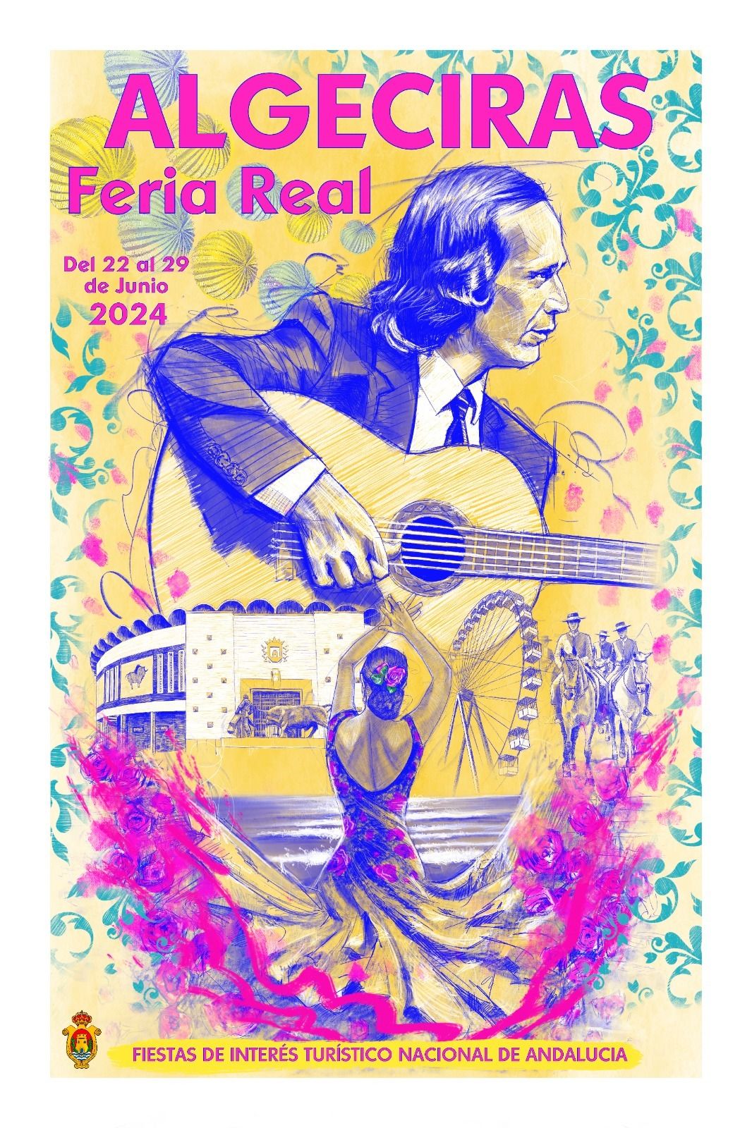 'La Feria de Algeciras sueña a Paco de Lucía', de Víctor Jerez cartel para la Feria Real 2024.
