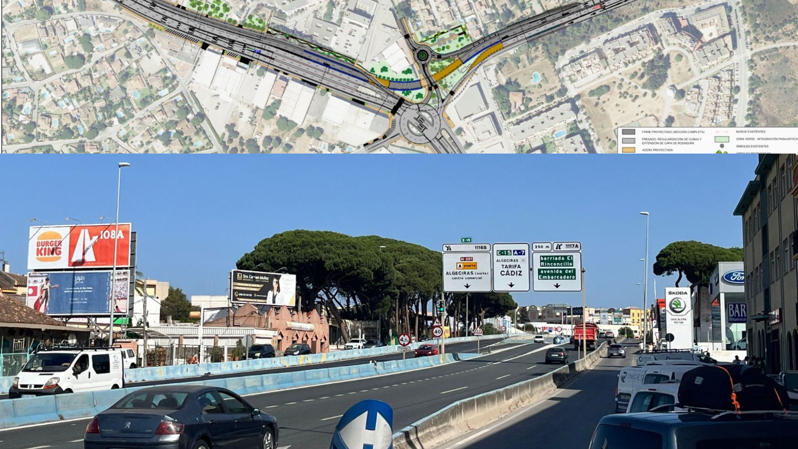  Gráfico del proyecto (arriba) y acceso norte a la ciudad y al puerto que se verá afectado. Foto: F.M. Titular: Revolución en el Acceso Norte a Algeciras: dos carriles más, túnel con un único sentido y 22 expropiaciones de terrenos. 
