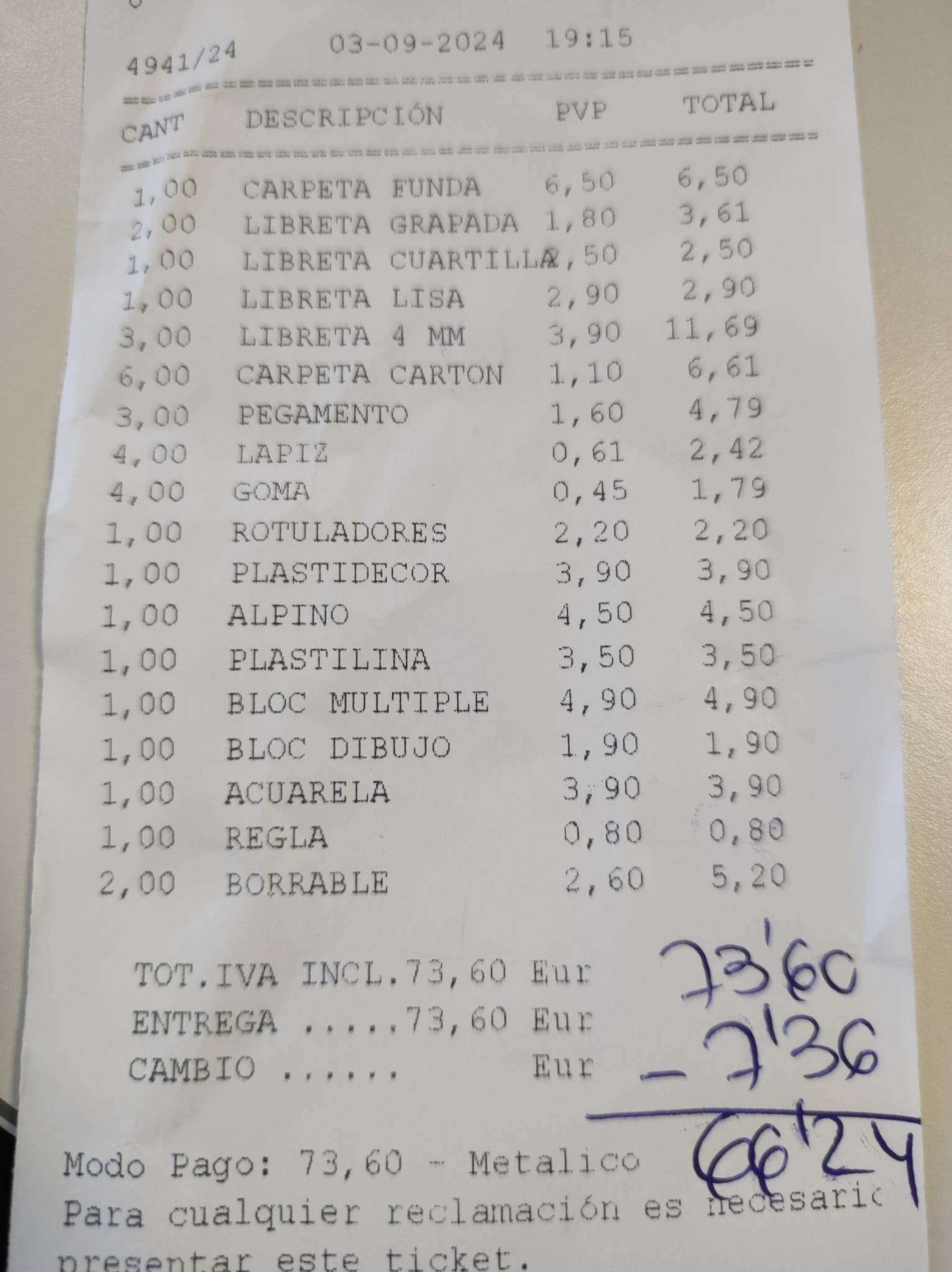 Tickect de compra de material en una librería de la comarca. Tickect de compra de material en una librería de la comarca.