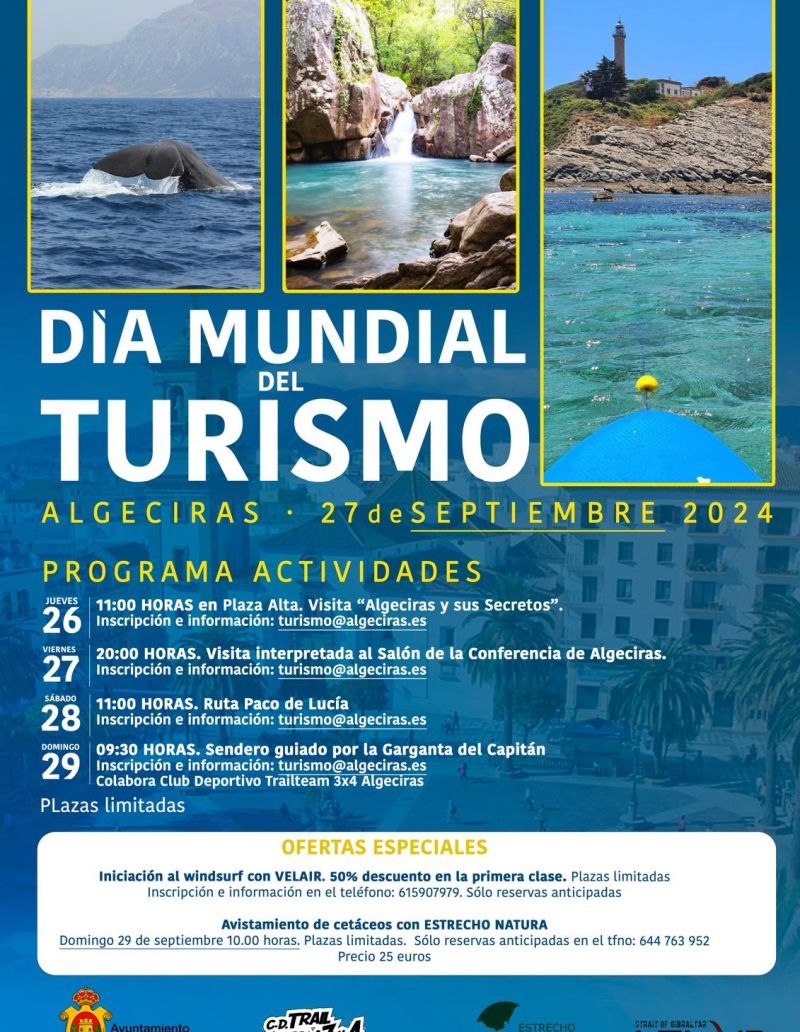 Cartel promocional de las actividades que ha programado el Ayuntamiento de Algeciras con motivo del Día Mundial del Turismo. 