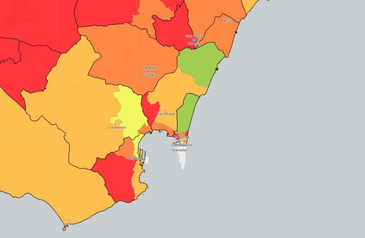 Captura de pantalla del mapa del informe publicado por el INE sobre las renta media por hogar en 2022. El Saladillo de Algeciras y San Bernardo de La Línea, los barrios más pobres de España en 2022