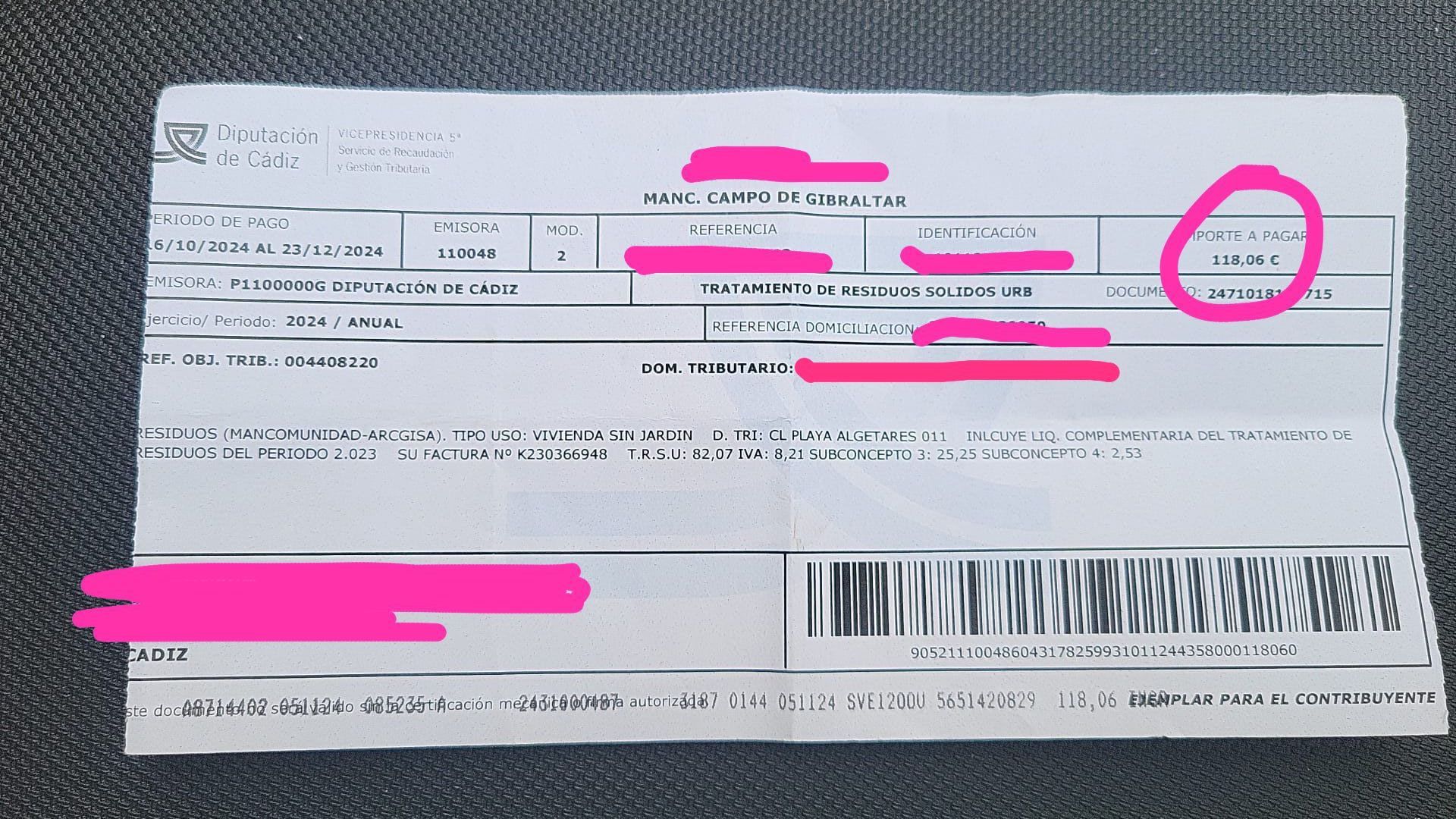 Recibo de la basura de un vecino de Algeciras.
