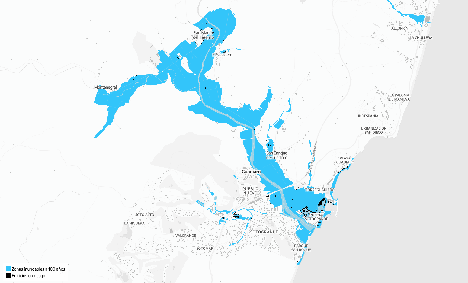 Municipios de San Roque y Tesorillo. Mapa que muestra las zonas inundables del Campo de Gibraltar. 