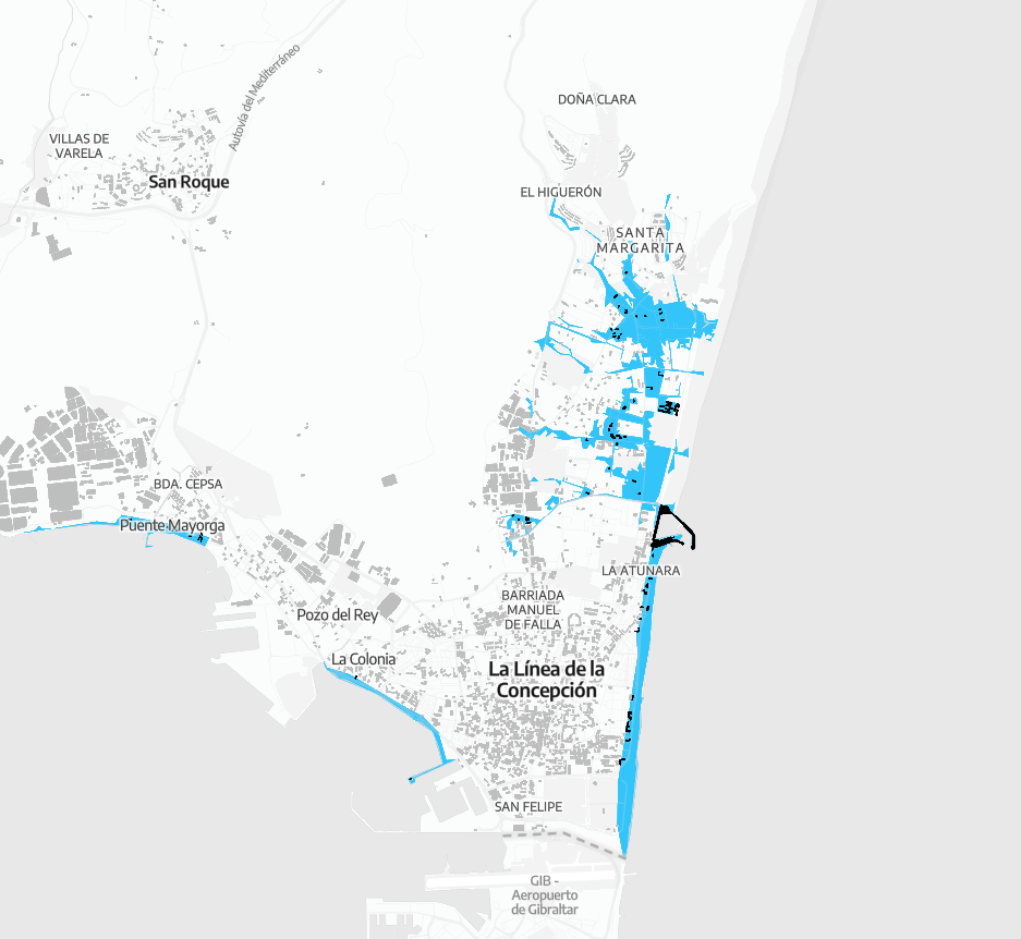 Municipio de La Línea. Mapa que muestra las zonas inundables del Campo de Gibraltar. 