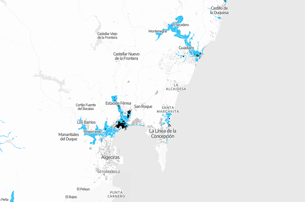 Municipios de La Línea, San Roque, Castellar y Los Barrios. Mapa que muestra las zonas inundables del Campo de Gibraltar. 