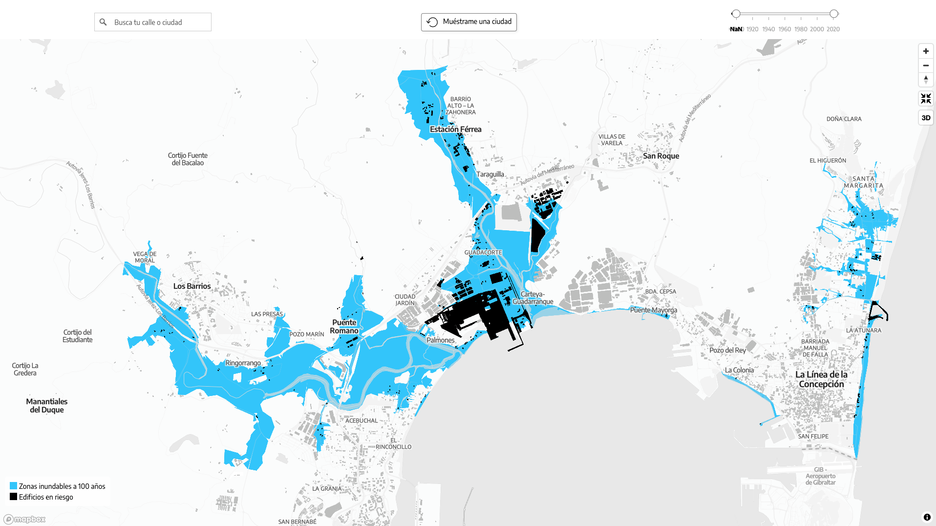 Municipios de La Línea, Algeciras, San Roque y Los Barrios. Mapa que muestra las zonas inundables del Campo de Gibraltar. 