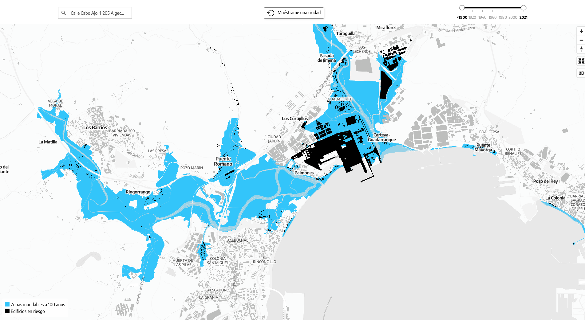 Municipios de Los Barrios y San Roque. Mapa que muestra las zonas inundables del Campo de Gibraltar. 