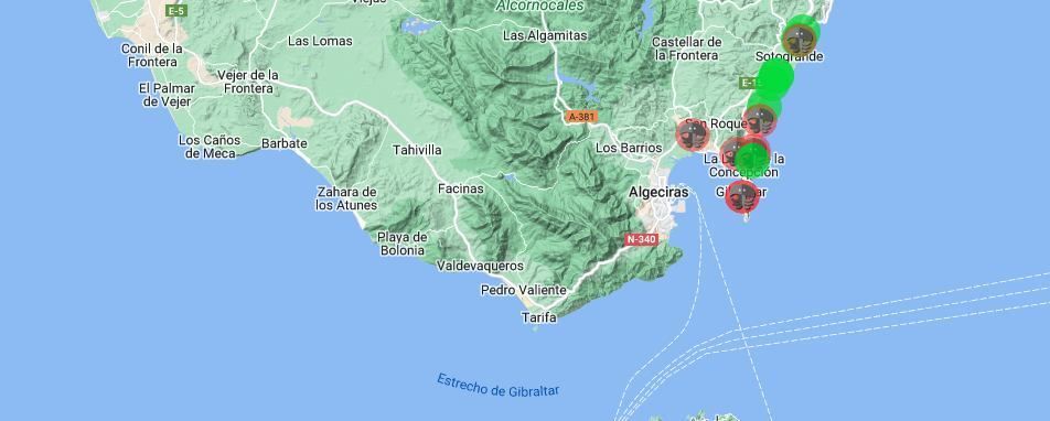 Mapa donde puede verse las playas donde hay medusas en el Campo de Gibraltar.