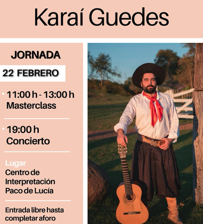 El guitarrista y cantante brasileño Karaí Guedes actuará en el Centro de Interpretación 'Paco de Lucía'.