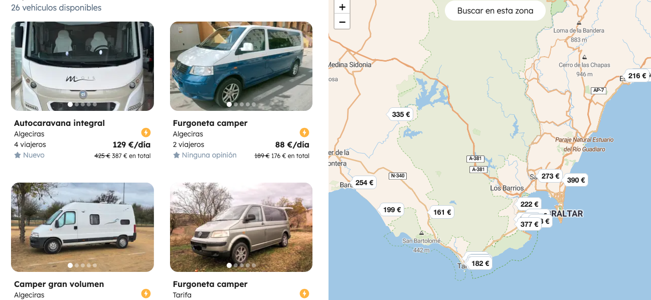 Captura de pantalla de la aplicación 'Yescapa'. El auge de alquilar una caravana o camperizadas a través de una app llega al Campo de Gibraltar