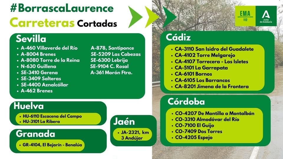 La borrasca Laurence corta al tráfico la CA-8201 de Jimena.