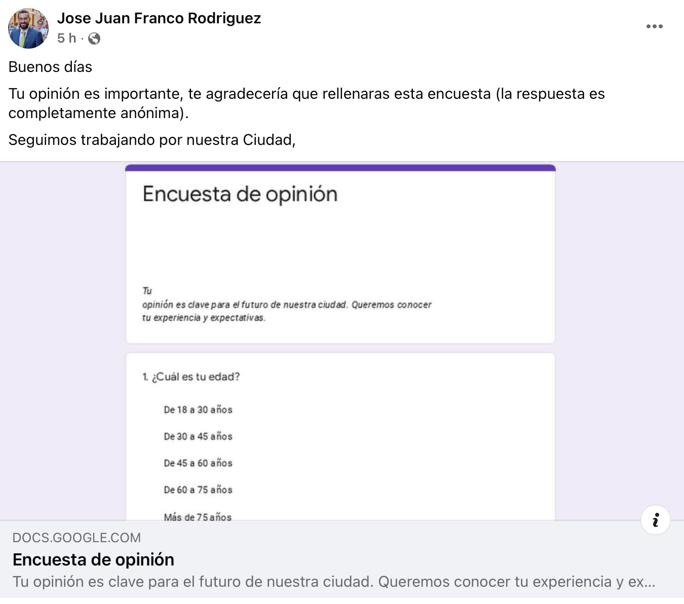 Juan Franco lanza una encuesta en redes sociales para conocer la opinión de sus vecinos.