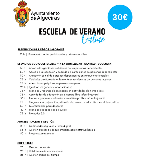 Abierto el plazo de inscripción para veinte cursos de formación online en Algeciras.