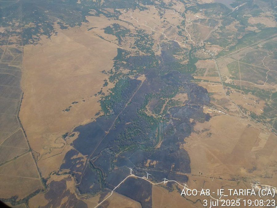 Imágenes del fuego desde el aire. Infoca. Un fuego en un aerogenerador, la causa del incendio forestal declarado en Facinas 