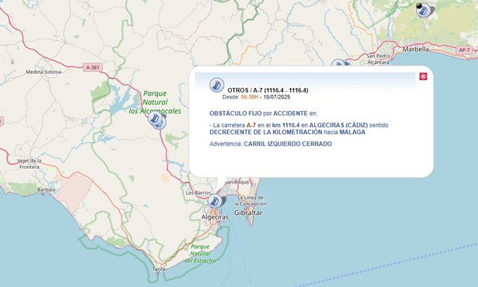 Un nuevo accidente en la A7 a la entrada de Algeciras obliga al cierre de un carril.