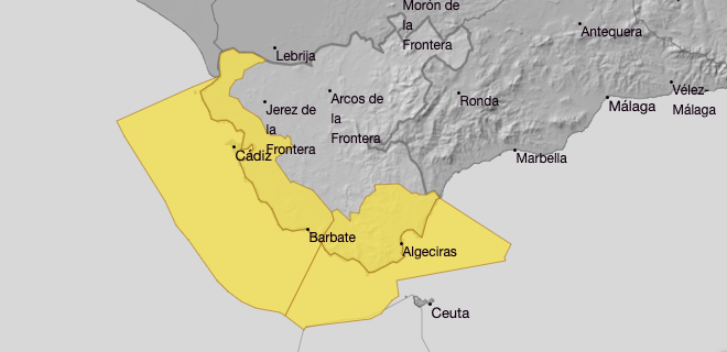 Aviso amarillo por fuertes rachas de levante en el Estrecho este viernes. Foto: AEMET.