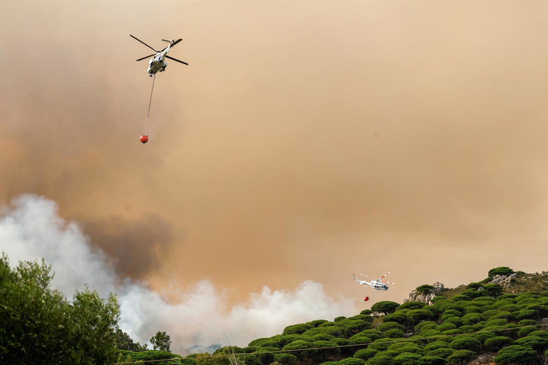 Infoca continúa trabajando en el incendio de Tarifa con más de cien efectivos y 17 medios aéreos.