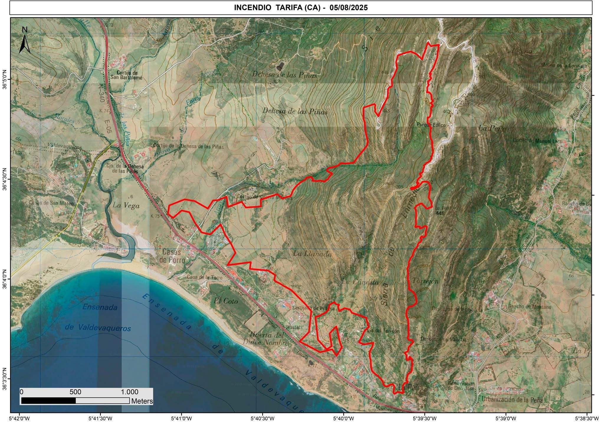 Mapa de la superficie que podría estar afectada. El incendio de Tarifa deja 283 hectáreas afectadas, un 86% de matorral y zonas de pedreras