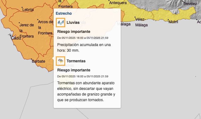  Aviso oficial: la Aemet eleva a nivel naranja el riesgo por tormentas en el Campo de Gibraltar