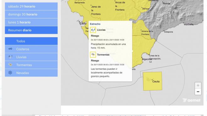 Captura de pantalla de la Aemet con el aviso amarillo para este domingo 30 de noviembre. Captura de pantalla de la Aemet con el aviso amarillo para este domingo 30 de noviembre.