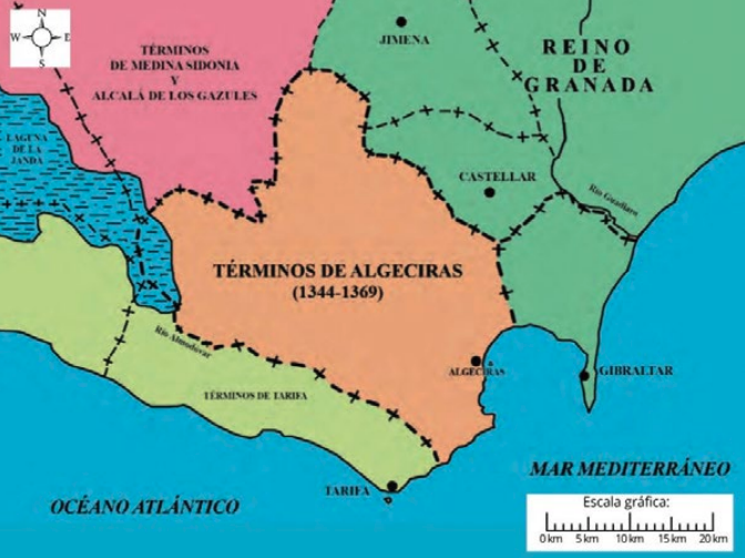 Lámina 2: Mapa del término de Algeciras entre 1344 y 1369, según Antonio Torremocha (2015)