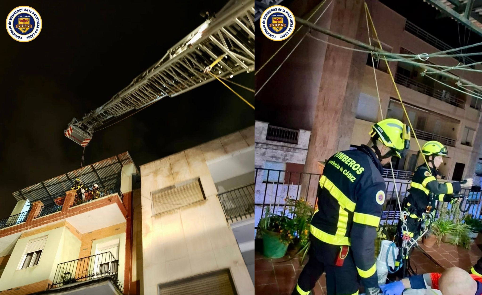 Bomberos de Algeciras evacúan a una mujer desde un tercer piso con una maniobra de puente grúa
