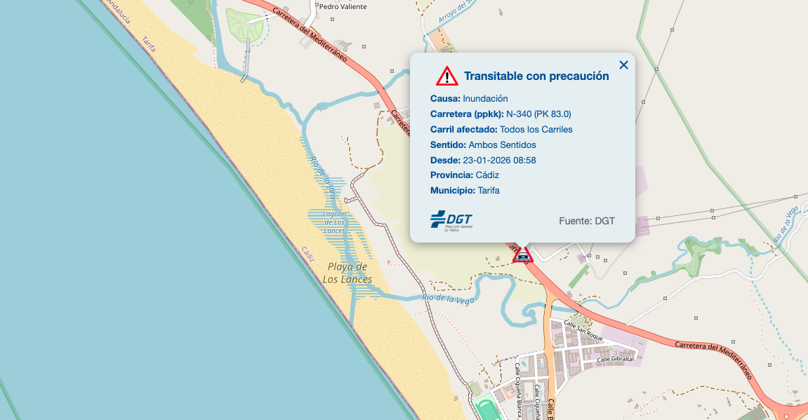 Captura de Pantalla de la DGT sobre la incidencia en la N-340. Tarifa. 